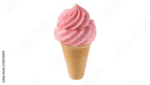 Pink ice cream in waffle cone. Isolated on transparent background.
