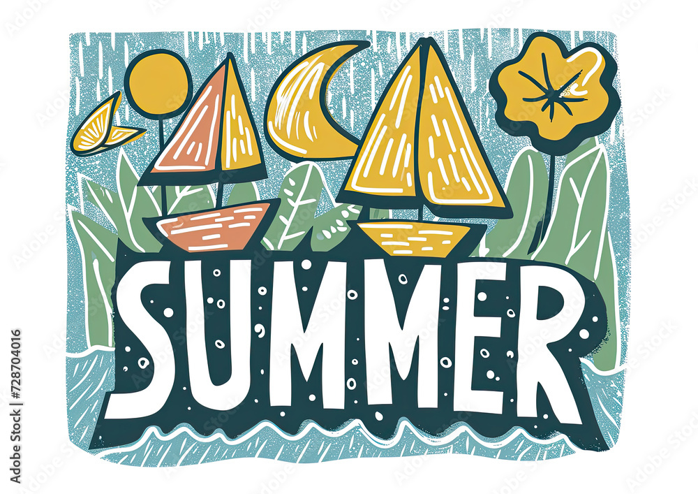 Doodle ocean beach with yachts and text summer holiday vacations postcard Doodle ocean beach with yachts and text summer holiday vacations postcard
