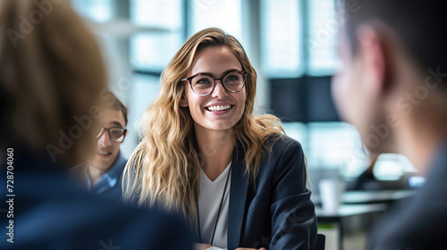 Businesswoman manager discussing with colleagues, Smiling businesswoman discussing over document with colleagues in office.