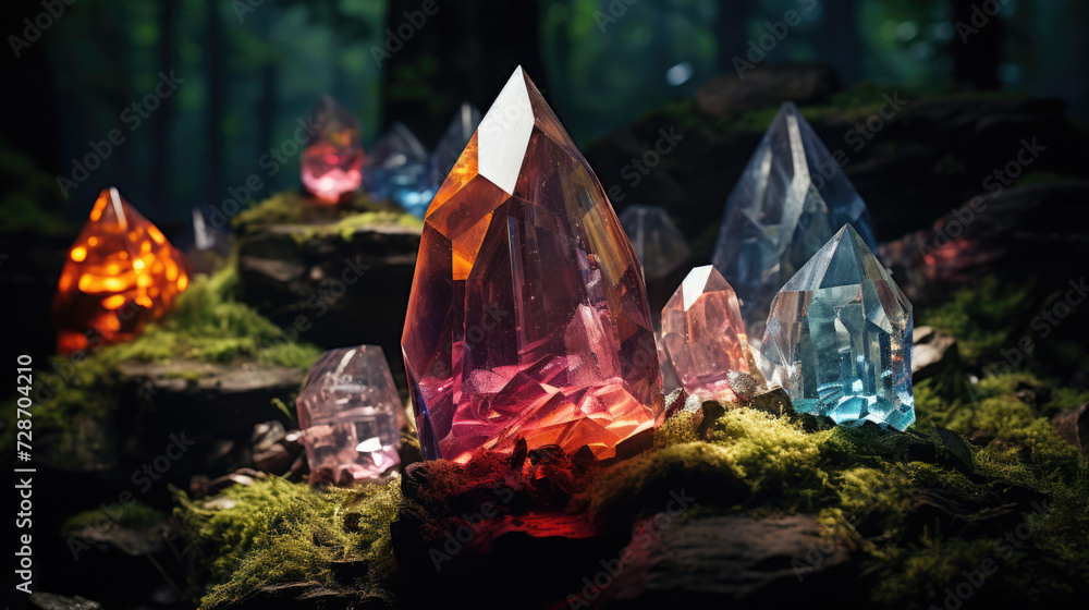 Obraz premium Magical iridescent gemstone crystals in dark mystery forest, sparkling glow