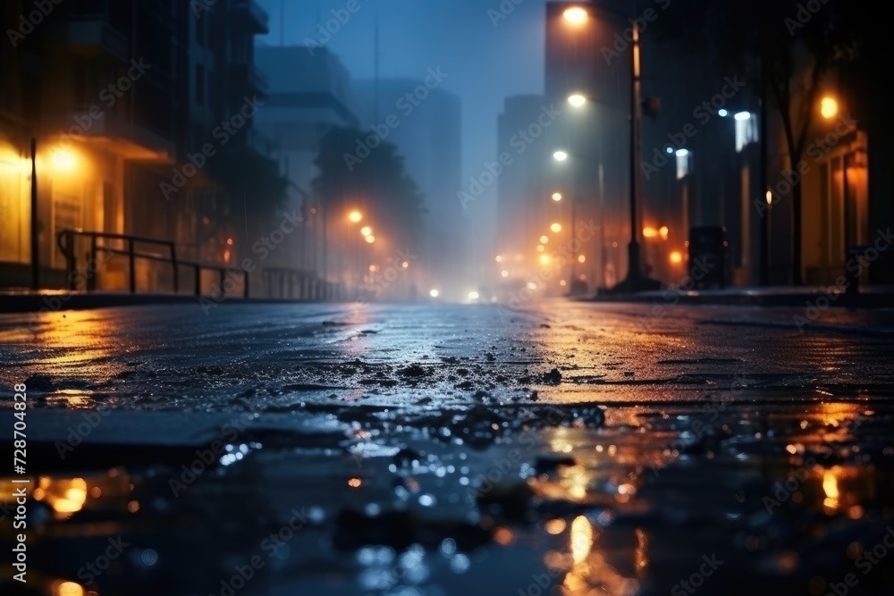 A photo capturing a city street at night, illuminated by street lights and adorned with rain, creating a moody atmosphere.
