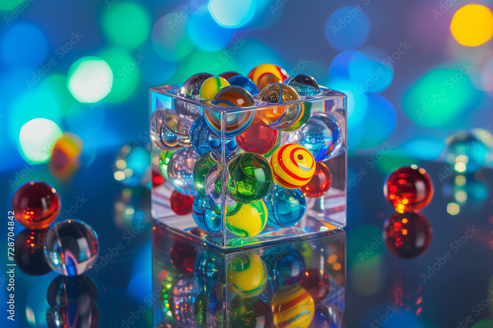 Vibrant Glass Marbles in Clear Box, Colorful Bokeh Lights Background