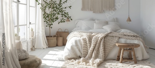 Scandinavian bedroom with white interior, adorned with a merino wool plaid, a chunky knitted blanket, and no one. photo