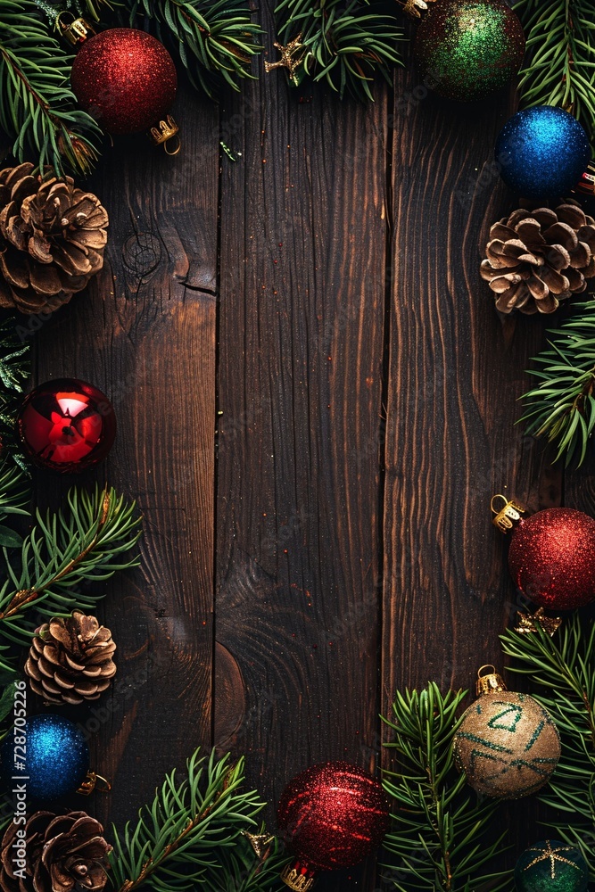 Christmas background with decorations on brown wooden board, top view Christmas background with decorations on brown wooden board, top view