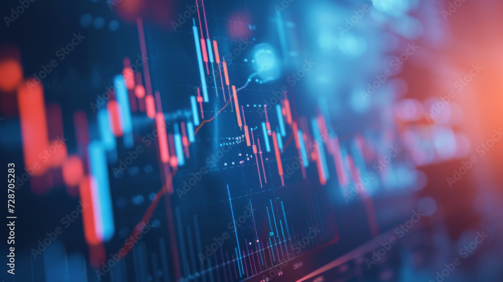 a blurred close-up view of a financial stock market graph on a digital screen with various data points and trend lines - obrazy, fototapety, plakaty 