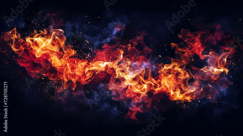 Abstract dynamic image of fiery orange and red flames interwoven with cool blue smoke against a dark background, creating a striking contrast.Background concept. AI generated.