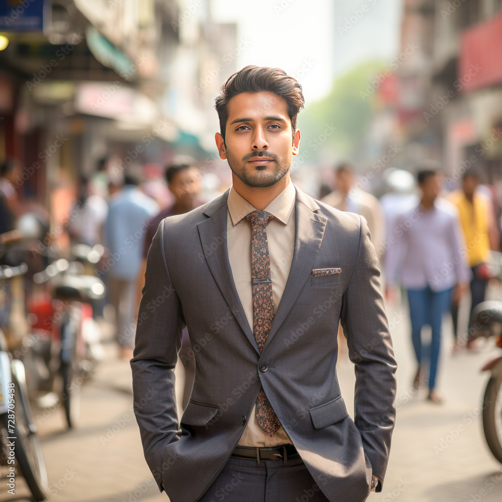 young businessman in suit standing on city street
