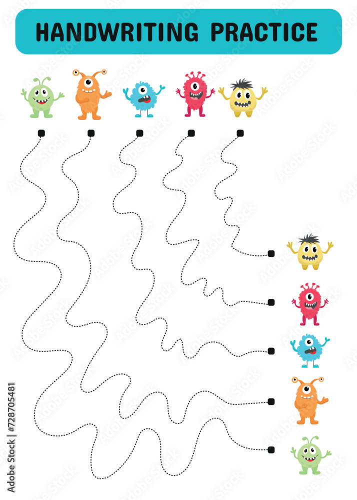 Naklejka premium Handwriting practice sheet with monsters. Children's educational game. Drawing lines for children and toddlers. Printable sheet. Vector illustration.