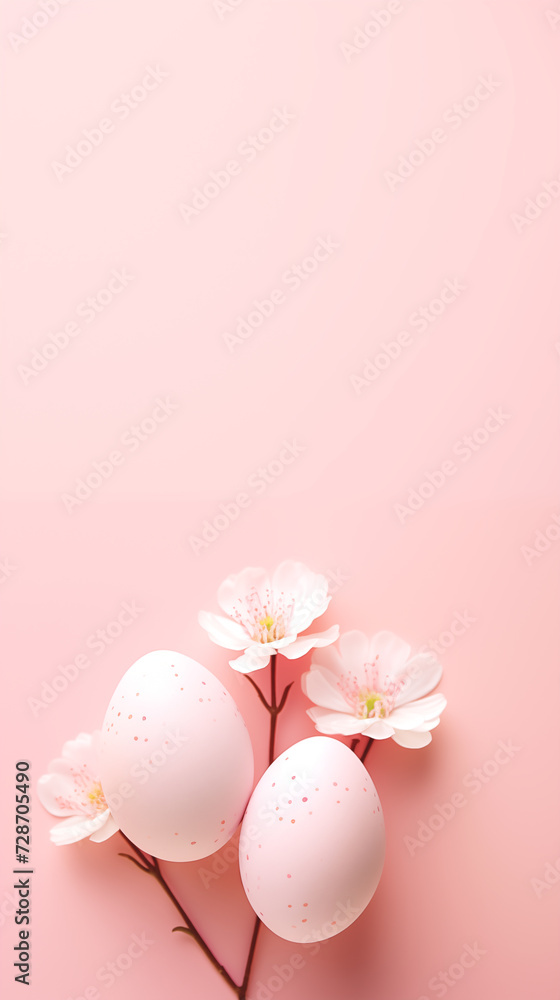 Pink speckled eggs with delicate blossoms on soft pastel background with copy space. Easter greeting card, phone wallpaper, stories backdrop