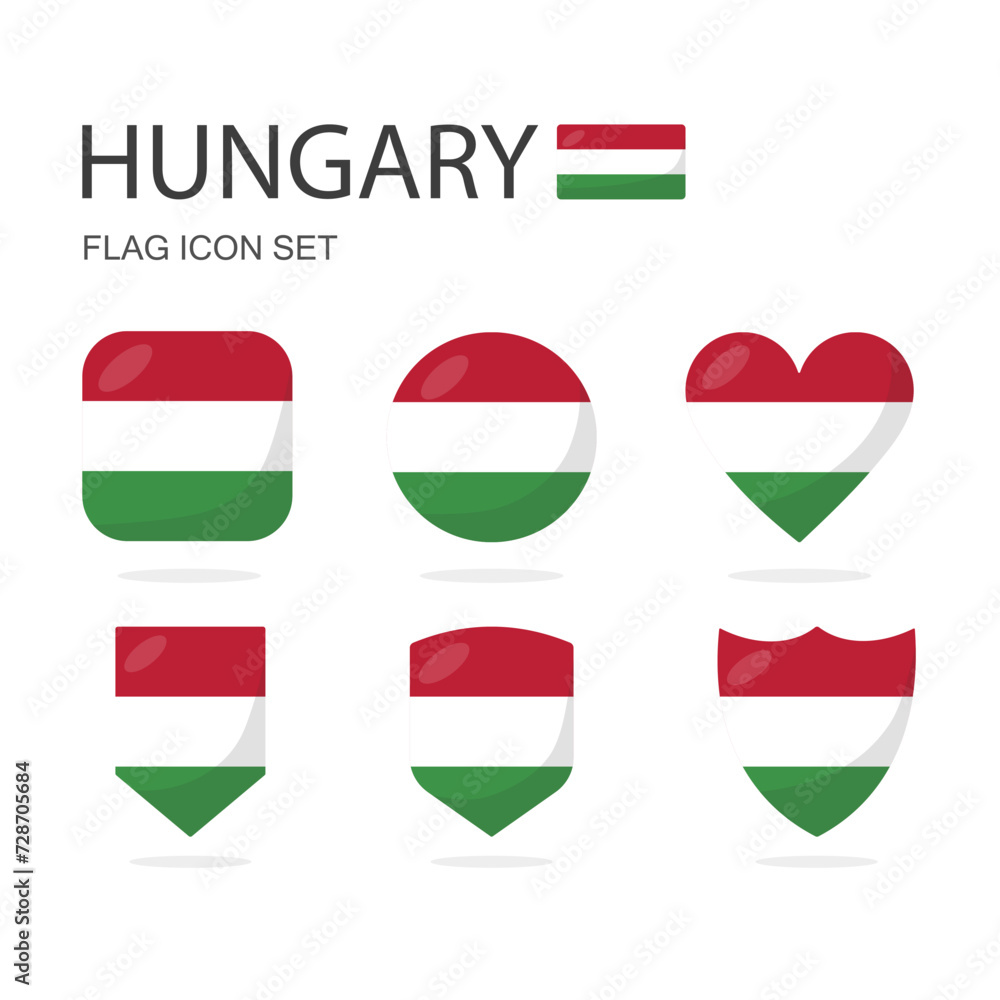 Hungary 3d flag icons of 6 shapes all isolated on white background. Hungary 3d flag icons of 6 shapes all isolated on white background.