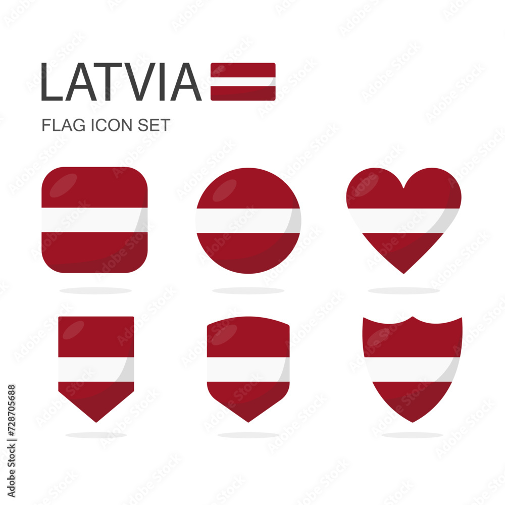 Latvia 3d flag icons of 6 shapes all isolated on white background.