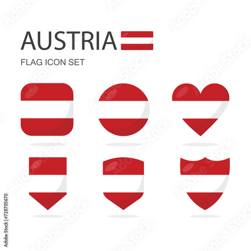 Austria 3d flag icons of 6 shapes all isolated on white background.