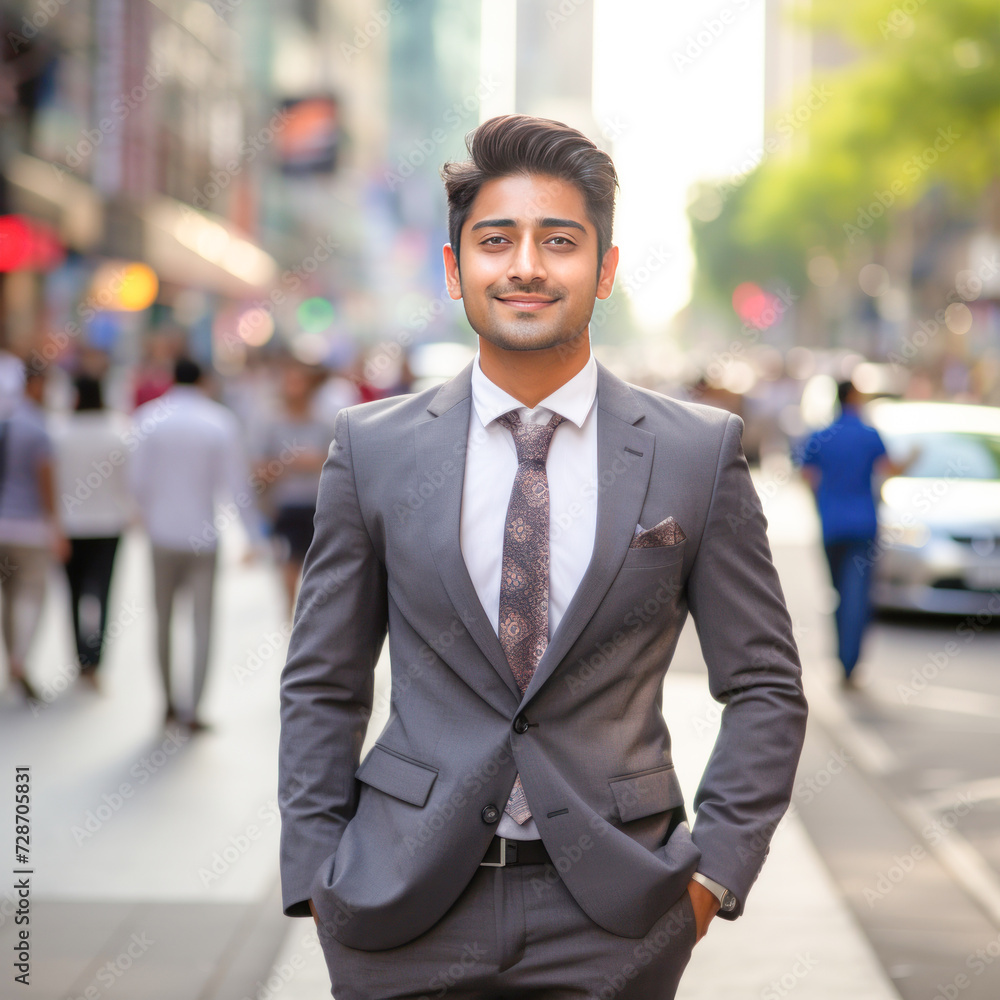 young businessman in suit standing on city street