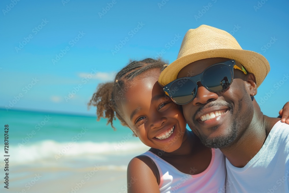 Father, child and portrait at beach for holiday vacation, outdoor relax or family bonding. Black people, girl and face at ocean sand for happy kids adventure for summer fun, water explore or sun trip