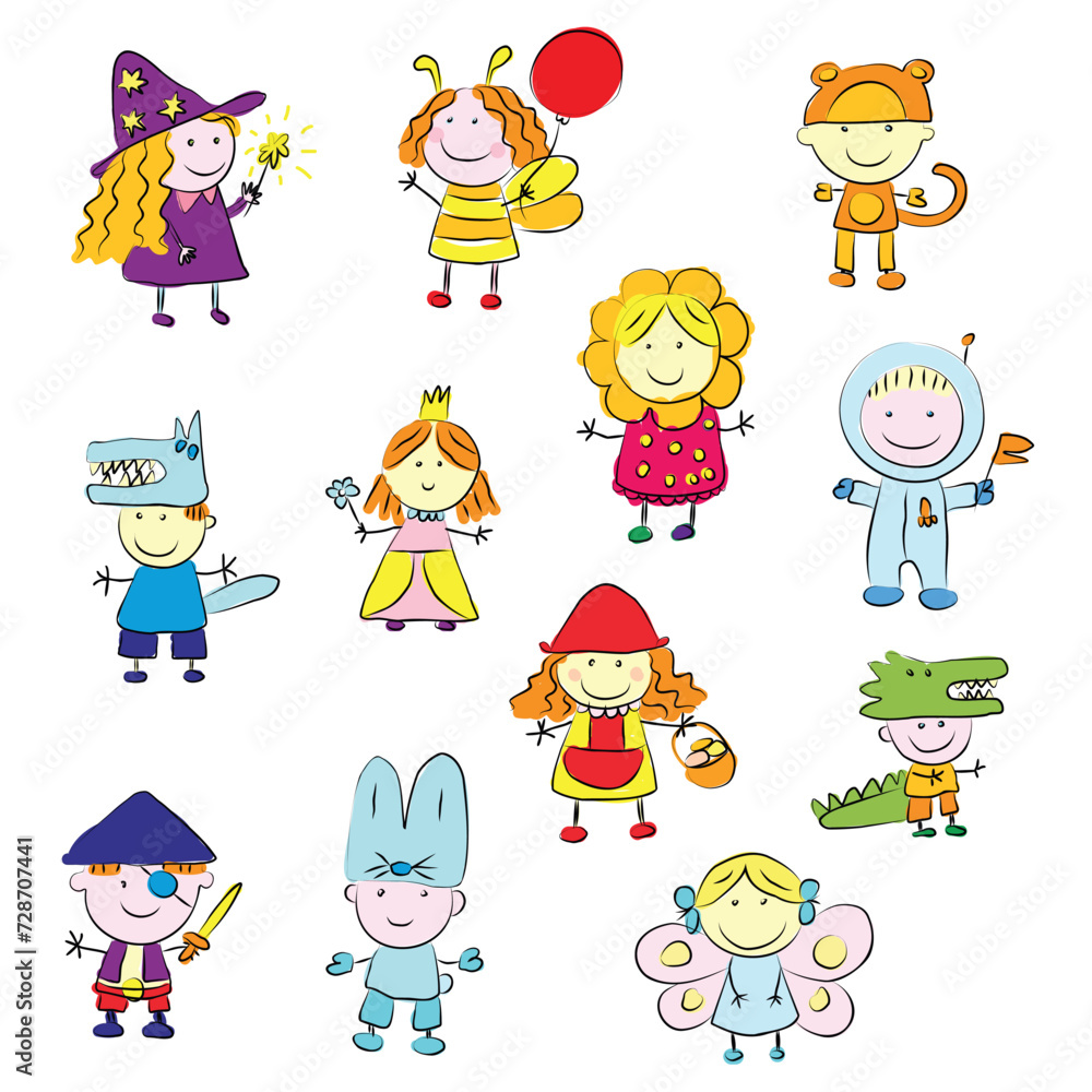 Cartoon funny hand drawn children in carnival costumes of wolf, bee, butterfly, red riding hood, crocodile, astronaut, monkey, witch, hare, pirate for new year, halloween, birthday