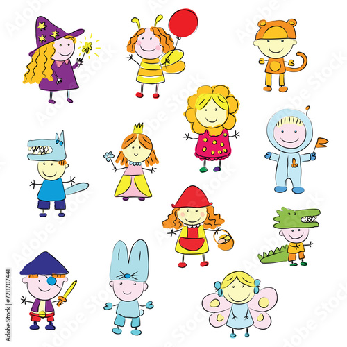 Cartoon funny hand drawn children in carnival costumes of wolf, bee, butterfly, red riding hood, crocodile, astronaut, monkey, witch, hare, pirate for new year, halloween, birthday