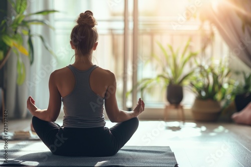 Woman, meditation and spiritual in a home with mockup space and yoga for balance and mindfulness. Morning, wellness and zen in house on floor to relax for calm breathing and peace in lotus position