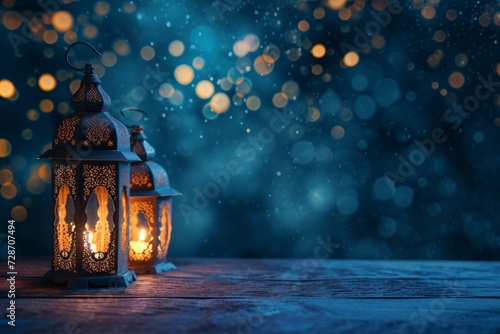 Ramadan Kareem greeting card with ornamental Arabic lanterns with burning candle glowing, invitation for Muslim holy month Ramadan Kareem, eid al fitr, eid al qurban, eid al adha