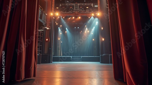 Empty theater stage with red curtains and spotlights readying for performance. entertainment industry venue. AI photo