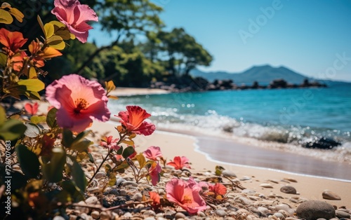 Vibrant hibiscus flowers blooming along the serene pebbled shoreline with clear blue waters
