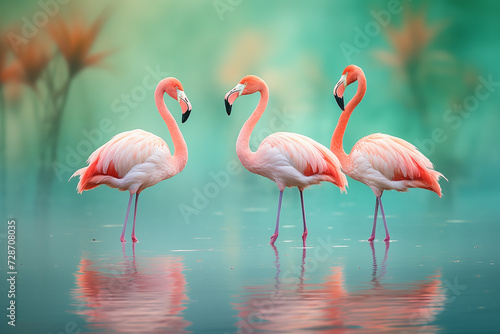 Several flamingos are resting in the pond. © Irina