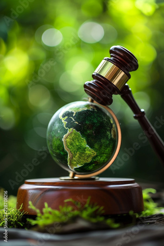Gavel and green eco globe international law