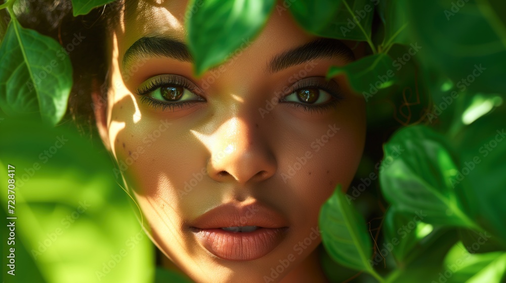 Portrait of a Mixed-Race Woman with Brown Eyes and Thick Eyebrows: She's Peeking Through Green Foliage