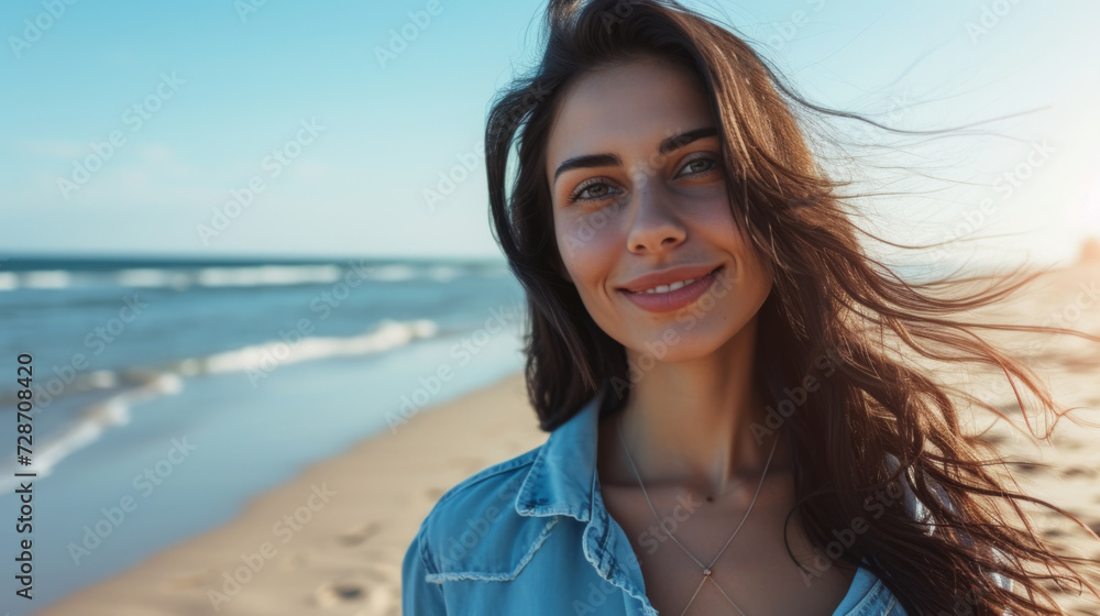 a woman smiling at the camera with the beach and ocean in the background, portraying a sense of happiness and relaxation in a natural, outdoor setting