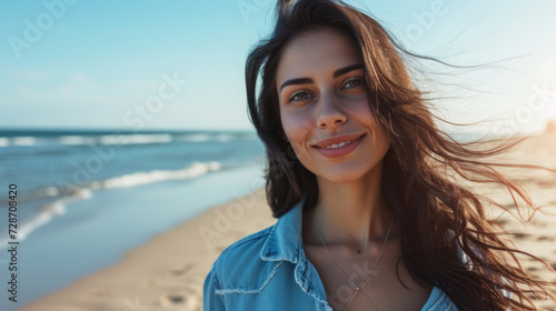 a woman smiling at the camera with the beach and ocean in the background, portraying a sense of happiness and relaxation in a natural, outdoor setting © MP Studio