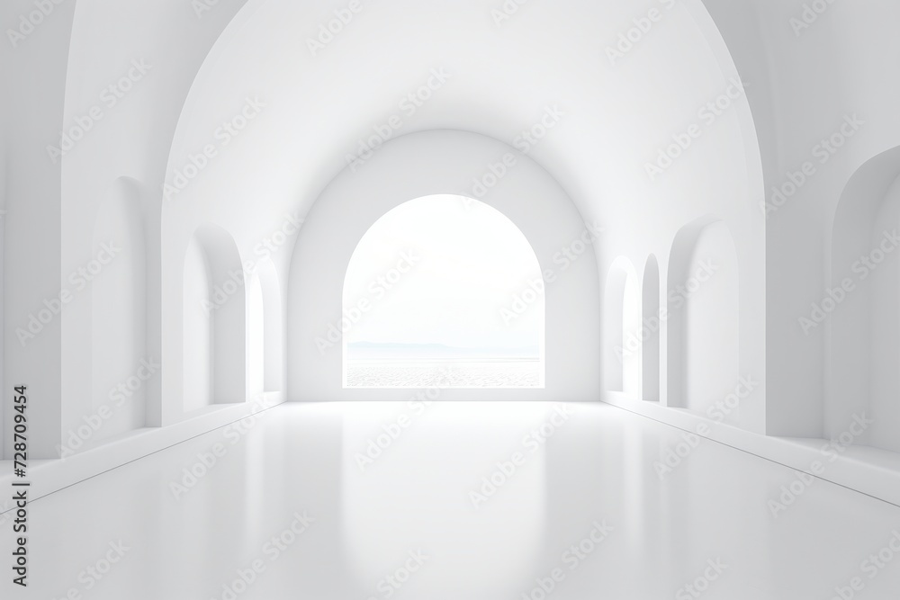 White empty interior with arches for your text or product product presentation with copy space, room mockup, white floor	
