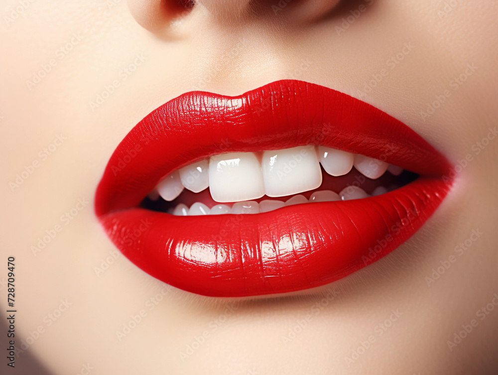 Fototapeta premium Woman's mouth with shiny red lipstick on full lips, healthy white smile, and tongue peeking out against skin-toned backdrop 