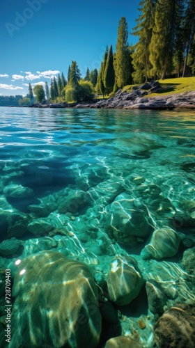Crystal-clear waters reveal smooth stones beneath, surrounded by lush greenery