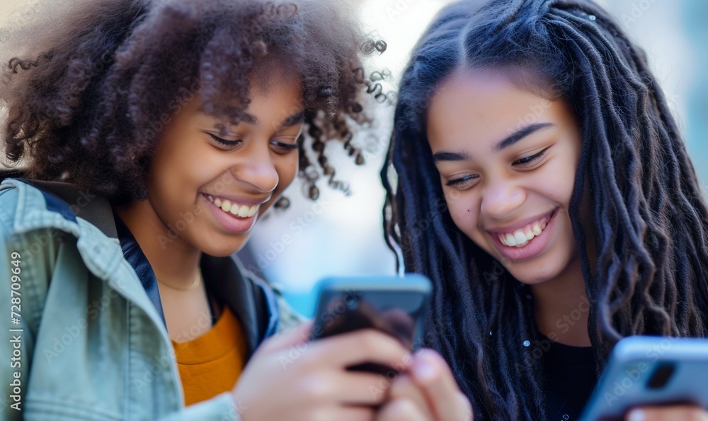 Happy Young Friends Enjoying Social Media on Smartphones. Generative ai Happy Young Friends Enjoying Social Media on Smartphones. Generative ai
