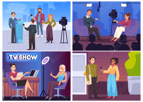 Vector illustrations with journalists, scenes of interviews with people