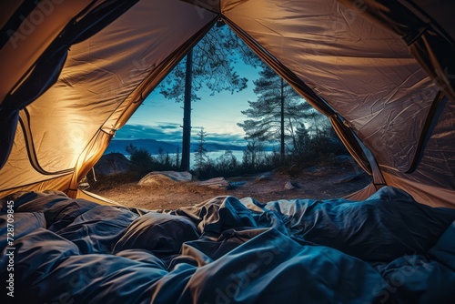 View from inside an open camping tent from the sleeping place to the beautiful night river lake landscape. Concept of mountaineering, tourist recreation and sport