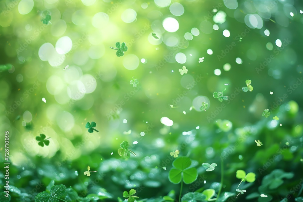 Green clovers close up for st patrick's day celebration on blurred green bright background