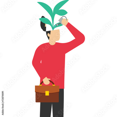 positive attitude to learn new knowledge to improve business problem concept, Self improvement, growth mindset, student smart entrepreneur using watering can to water seeds growing in his head.