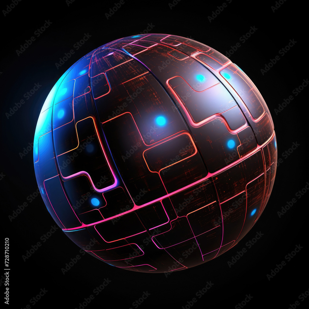 Metal Futuristic globe Sphere with glowing neon lines on dark background Metal Futuristic globe Sphere with glowing neon lines on dark background