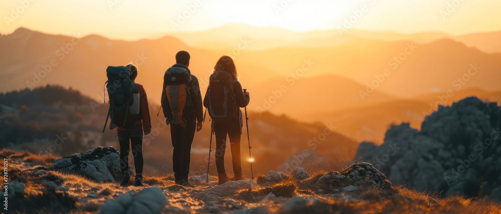 family adventure with backpacks hiking in the mountains at sunset
