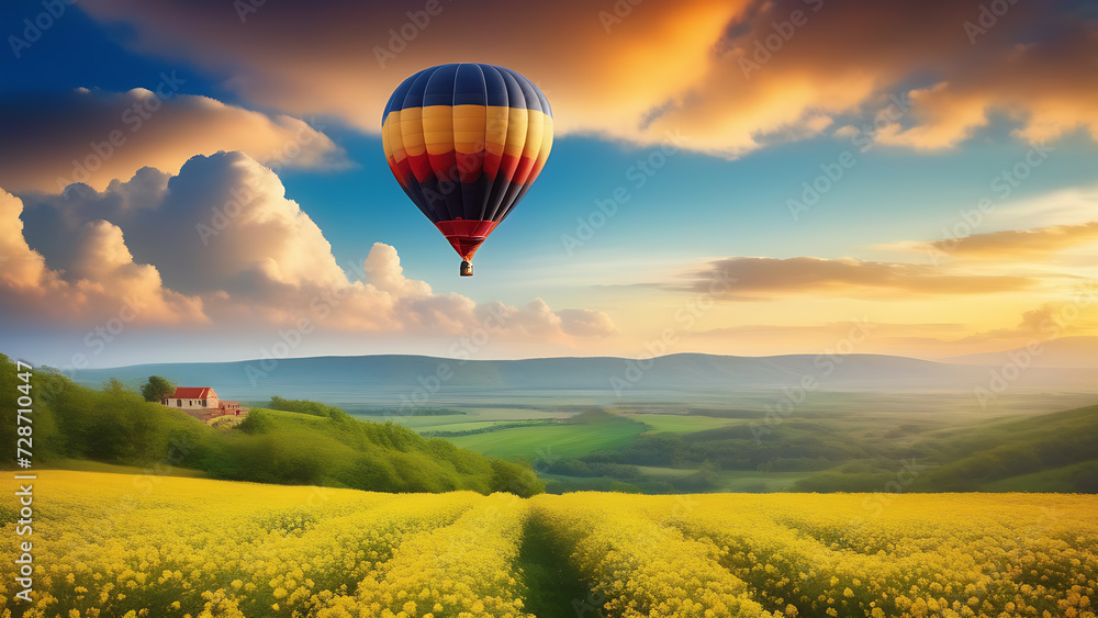 Obraz premium Hot air balloon, beautiful landscape, field with flowers