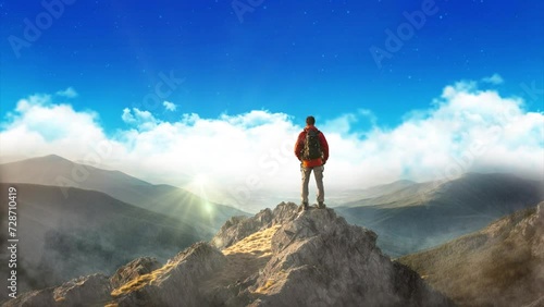 A man with backpack contemplates the horizon on top of a misty hill - Success sport and inspiration animated concept -Seamless 4k Loop photo