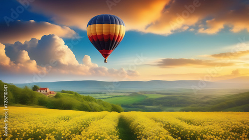 Hot air balloon, beautiful landscape, field with flowers