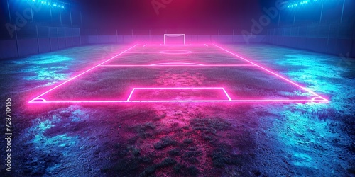 Isolated in white background,3d render, neon soccer field scheme, football playground, virtual sportive game, pink blue glowing line. photo