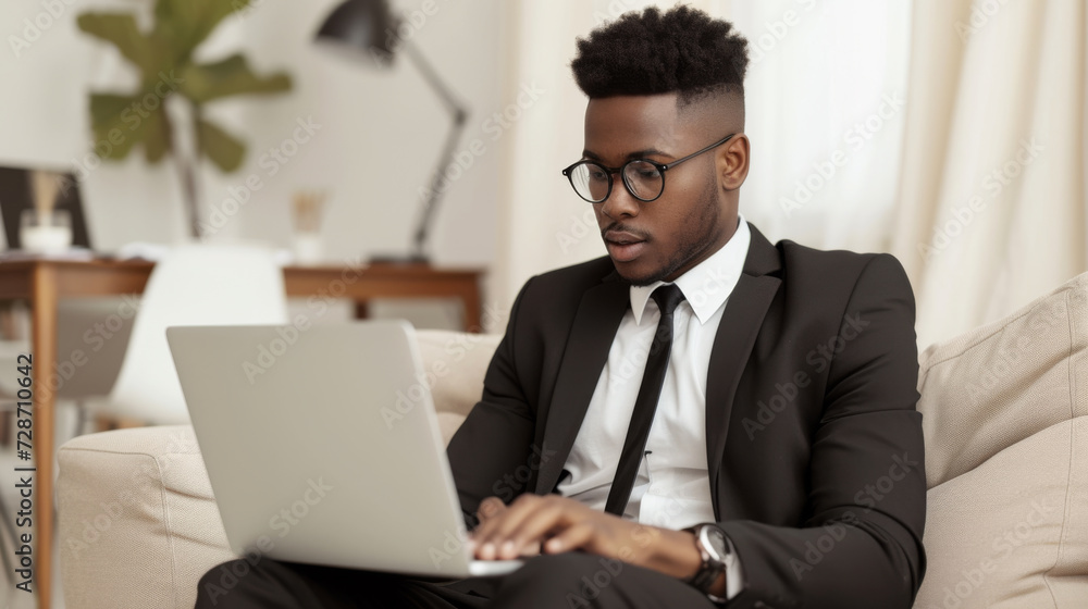 A professional dressed in a business suit is attentively using a laptop while comfortably sitting on a couch, indicating a blend of formal attire with a relaxed remote working environment. A professional dressed in a business suit is attentively using a laptop while comfortably sitting on a couch, indicating a blend of formal attire with a relaxed remote working environment.