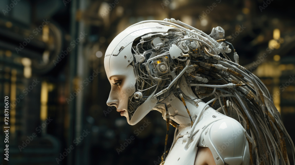 Portrait of female android with intricate circuits and metallic framework head Portrait of female android with intricate circuits and metallic framework head
