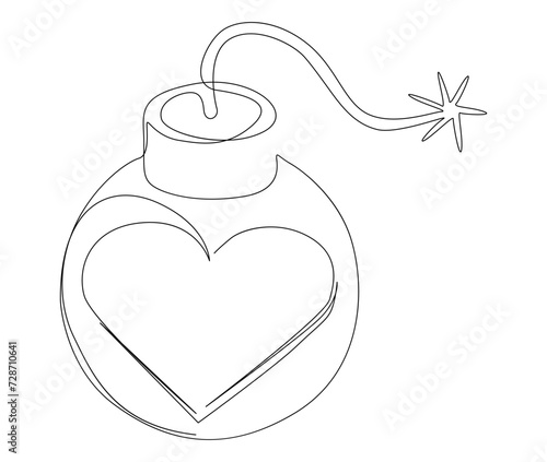 One continuous line of bomb and heart shape. Thin Line Illustration Explosive Love vector concept. Contour Drawing Creative ideas.