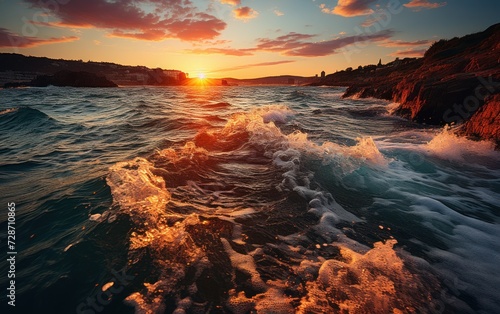Sun casting golden rays over tumultuous sea waves, evoking a sense of adventure