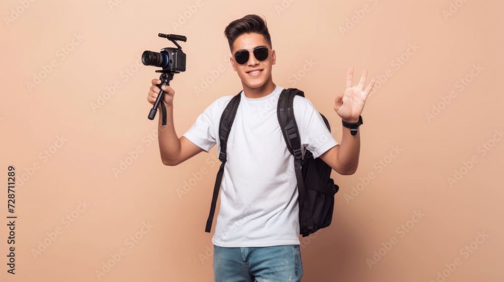 young man with sunglasses is smiling and waving at the camera while holding a DSLR camera on a tripod and wearing a backpack. young man with sunglasses is smiling and waving at the camera while holding a DSLR camera on a tripod and wearing a backpack.