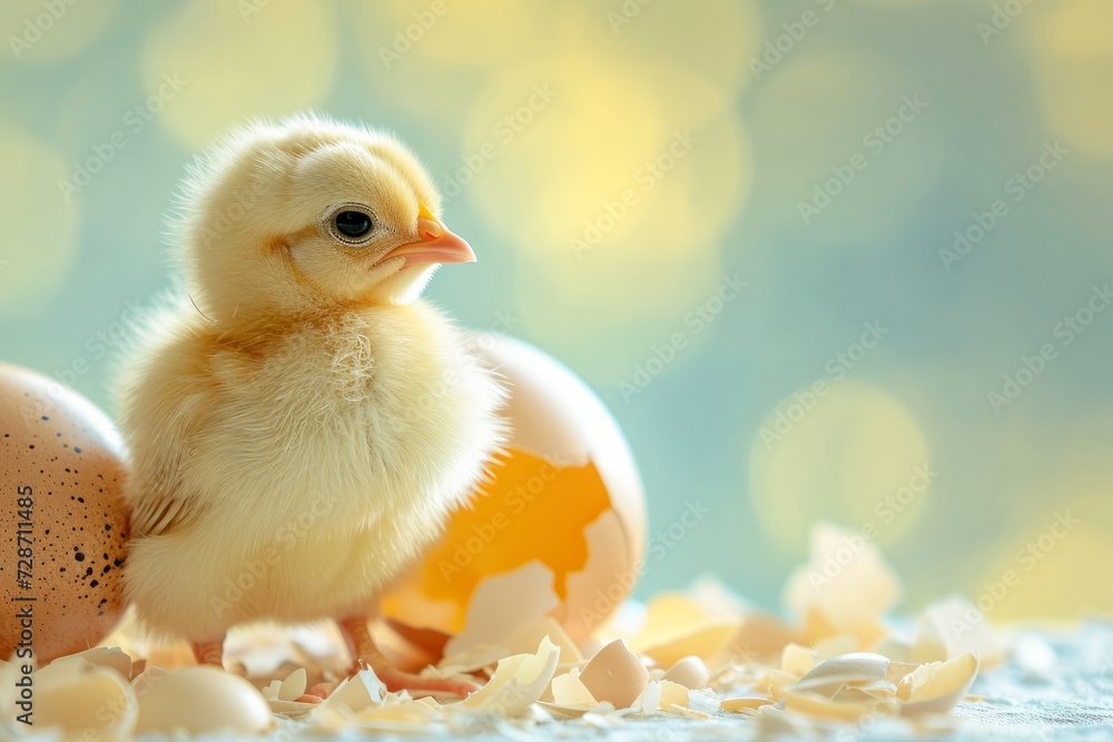 A small yellow newborn chick stands near the shell from which it hatched on a plain bright background