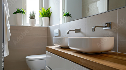 Bright bathroom with white sink on a wooden countertop  monochrome beige colors  daytime. Interior design